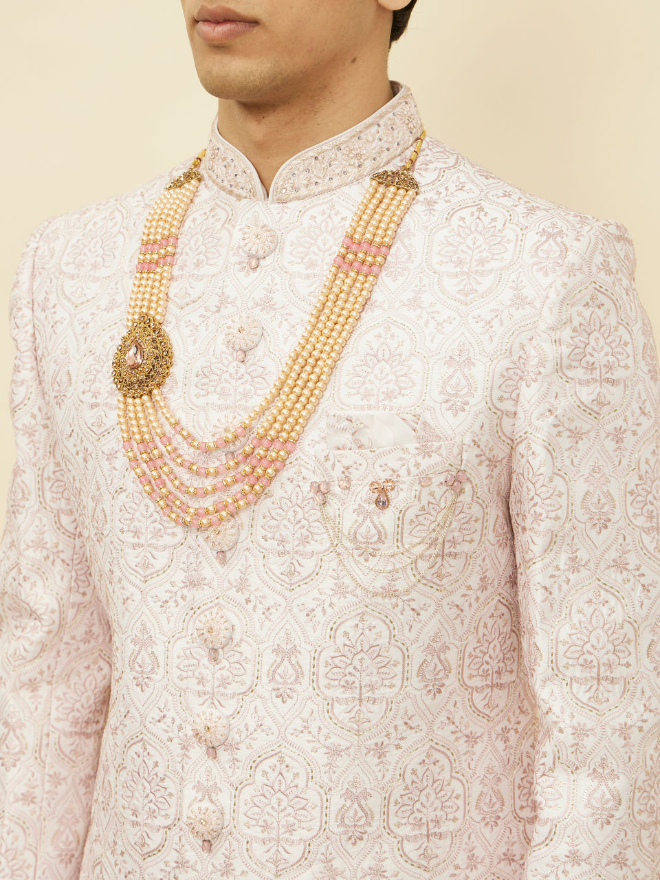 Manyavar Men Pearl and Pink Stone Pendant Mala