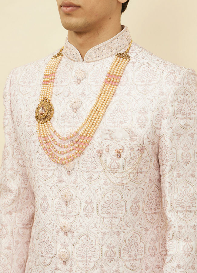 Manyavar Men Pearl and Pink Stone Pendant Mala