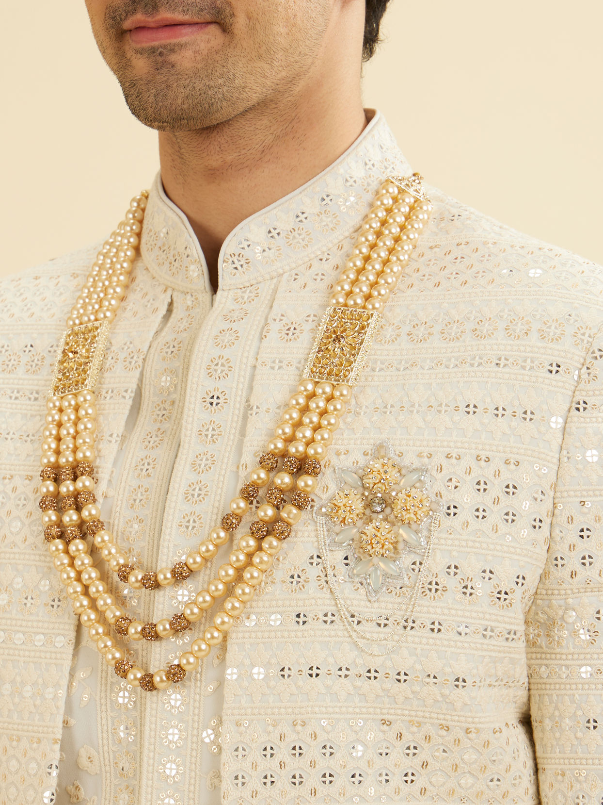 Manyavar Men Ivory Pearl and Amber Stone Studded Mala