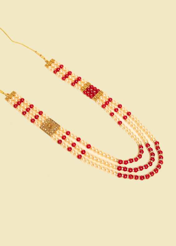 alt message - Manyavar Men Pearl and Red Stone Layered Mala