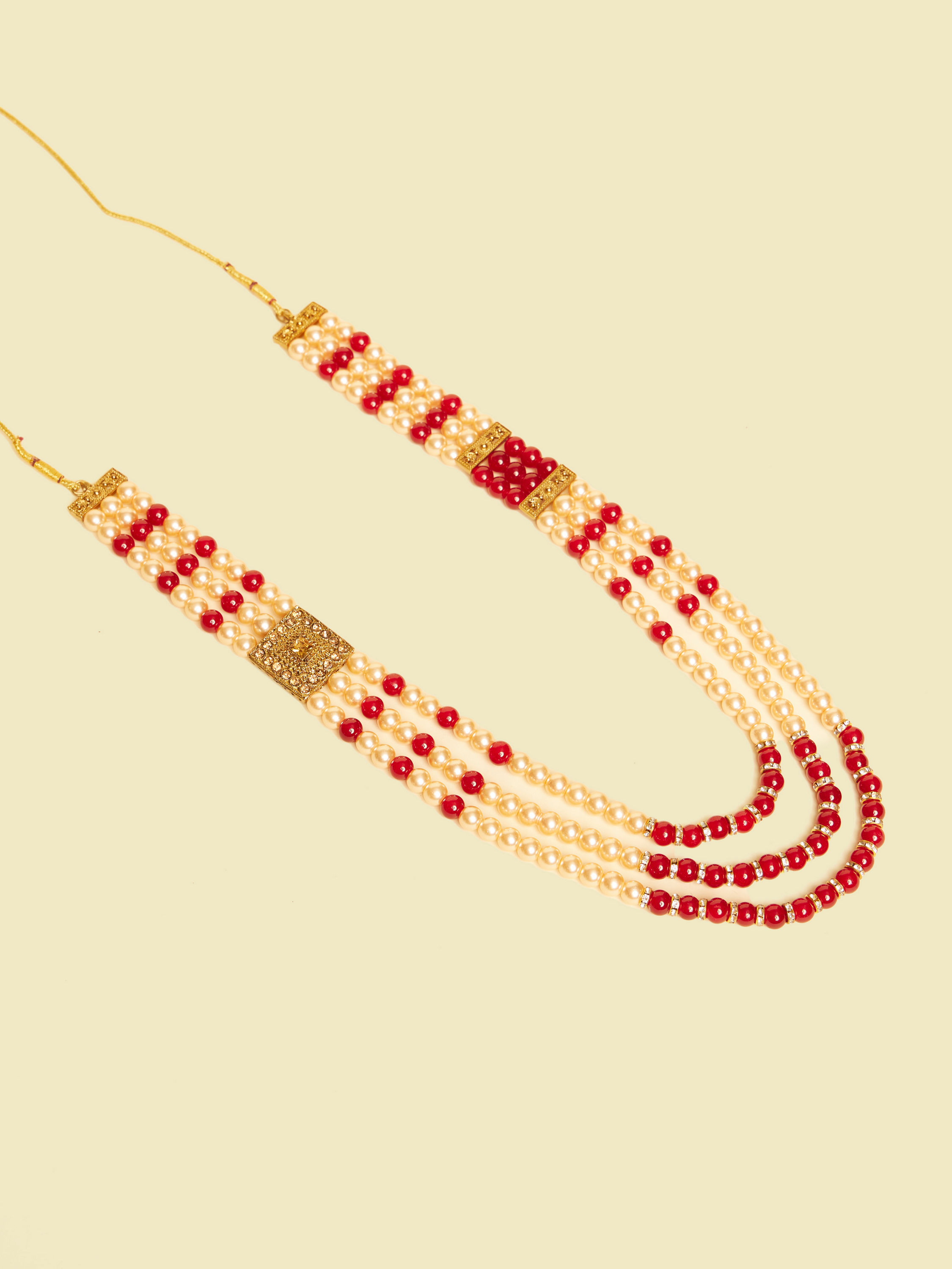 Manyavar Men Pearl and Red Stone Layered Mala