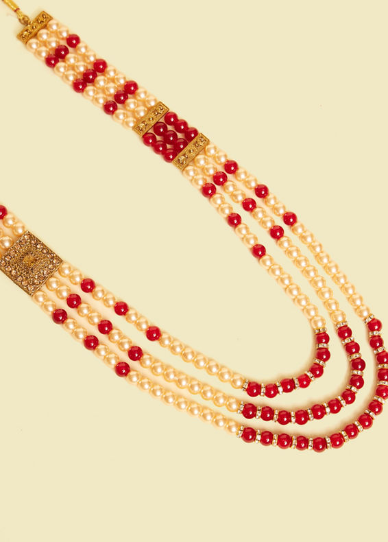 Manyavar Men Pearl and Red Stone Layered Mala