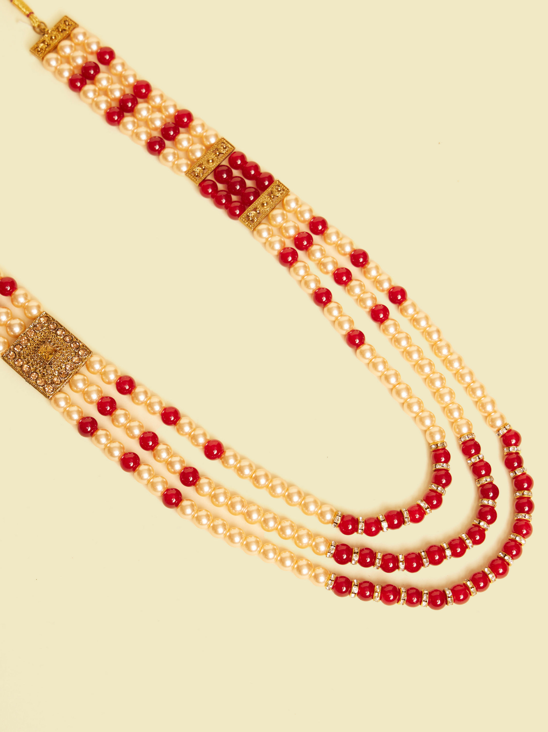 Manyavar Men Pearl and Red Stone Layered Mala