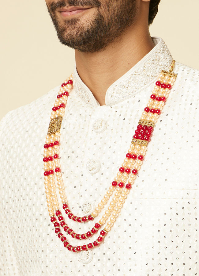 Manyavar Men Pearl and Red Stone Layered Mala