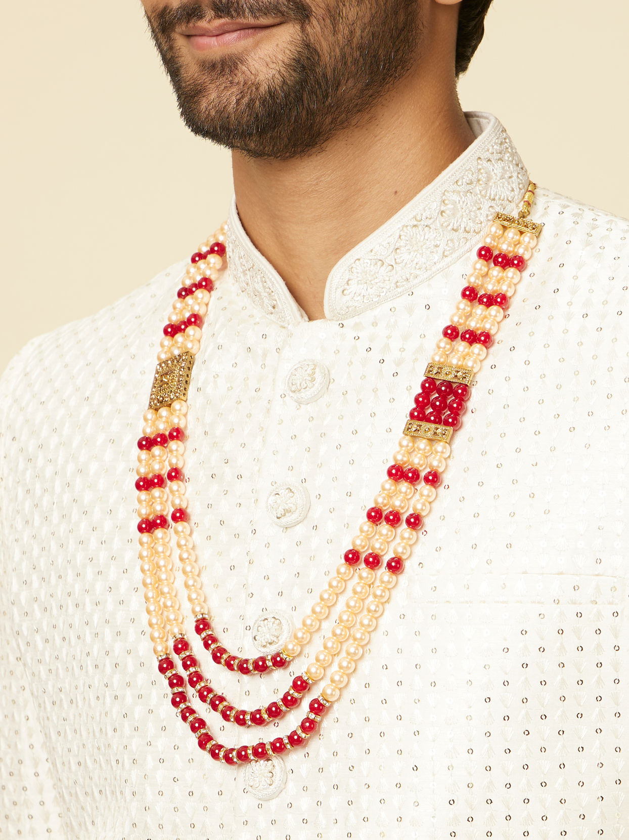 Manyavar Men Pearl and Red Stone Layered Mala