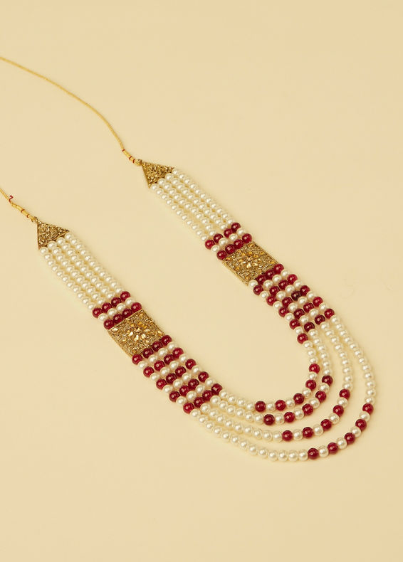 alt message - Manyavar Men Pearl and Red Stone Pendant Mala