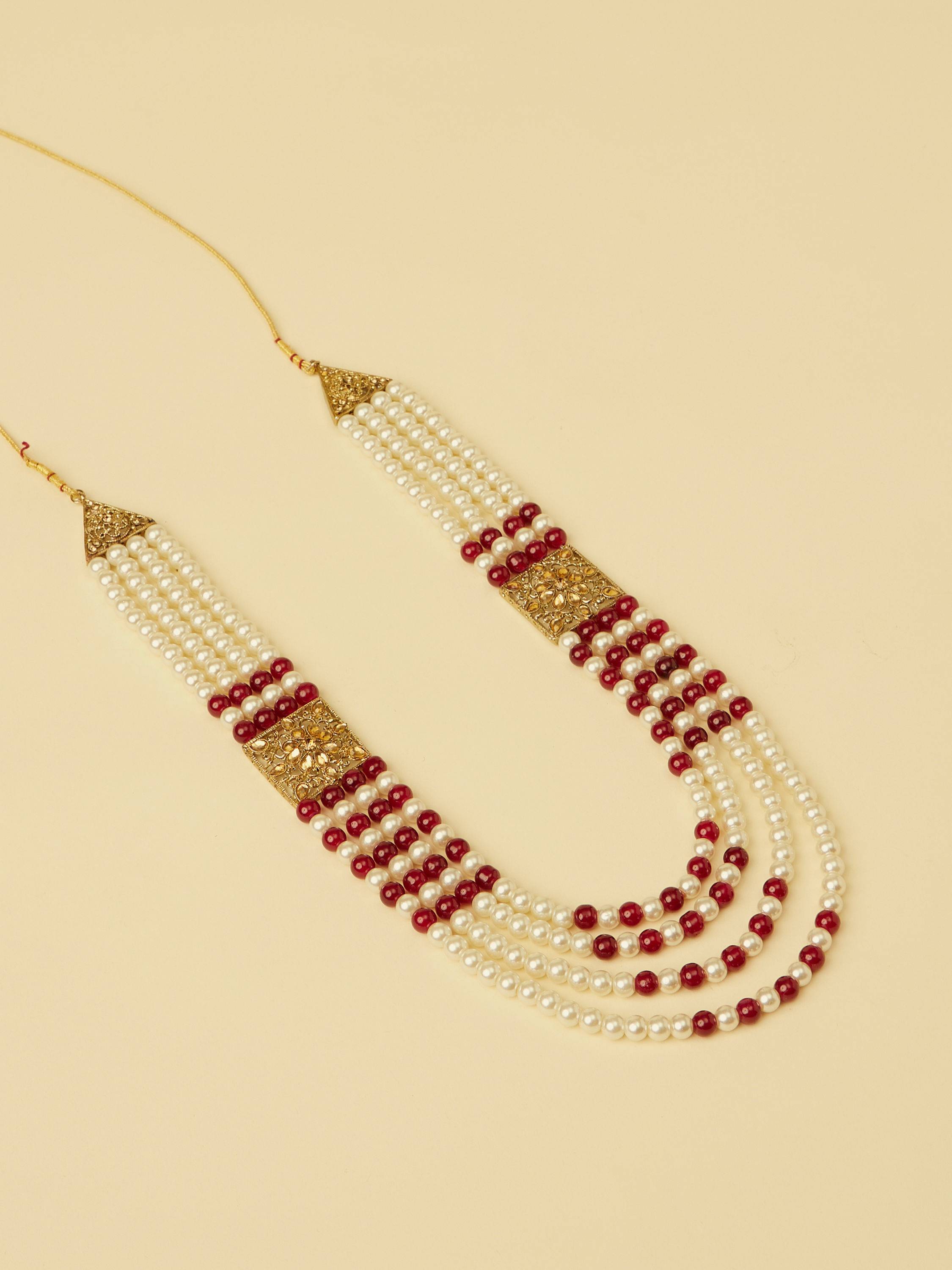 Manyavar Men Pearl and Red Stone Pendant Mala