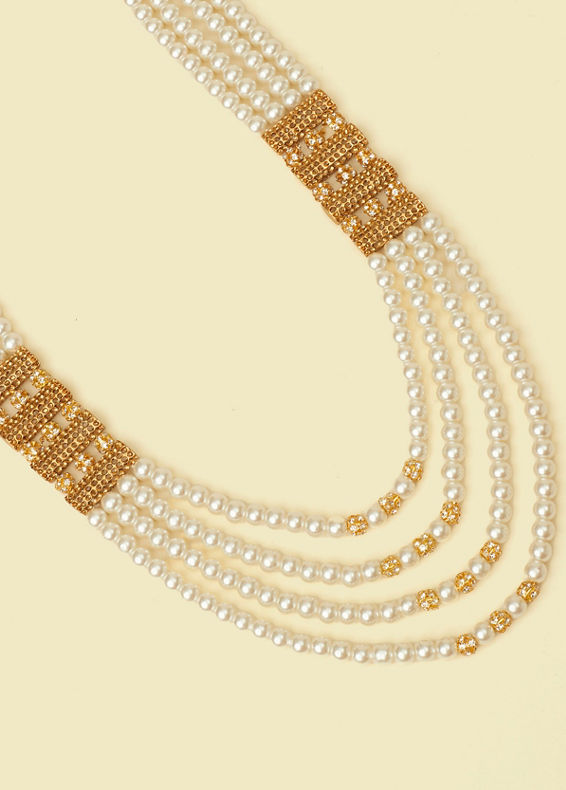 Manyavar Men Cream Pearl Stone Layered Pendant Mala