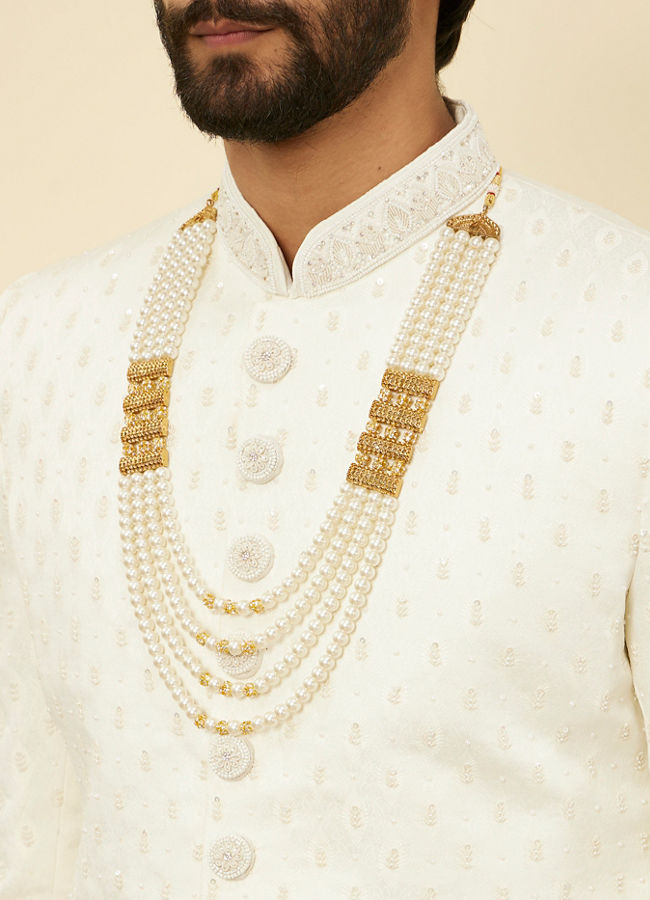 alt message - Manyavar Men Cream Pearl Stone Layered Pendant Mala image number 2