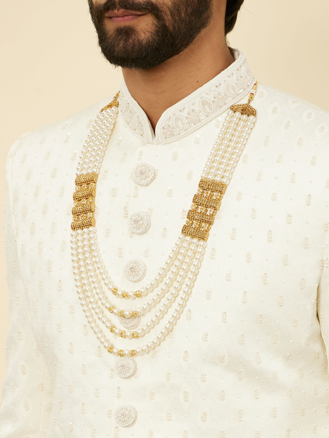 Manyavar Men Cream Pearl Stone Layered Pendant Mala