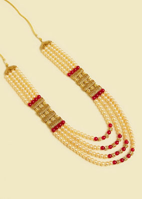 alt message - Manyavar Men Beige Maroon Pearl Layered Mala with Rhinestone Embellishments