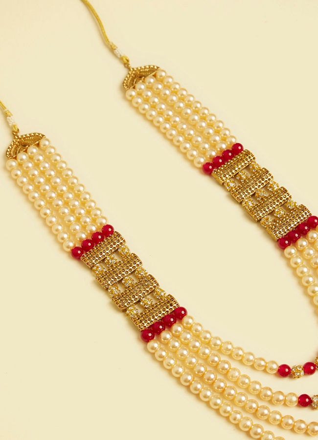 Manyavar Men Beige Maroon Pearl Layered Mala with Rhinestone Embellishments