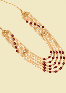 alt message - Manyavar Men Pearl and Red Polki Pendant Layered Mala