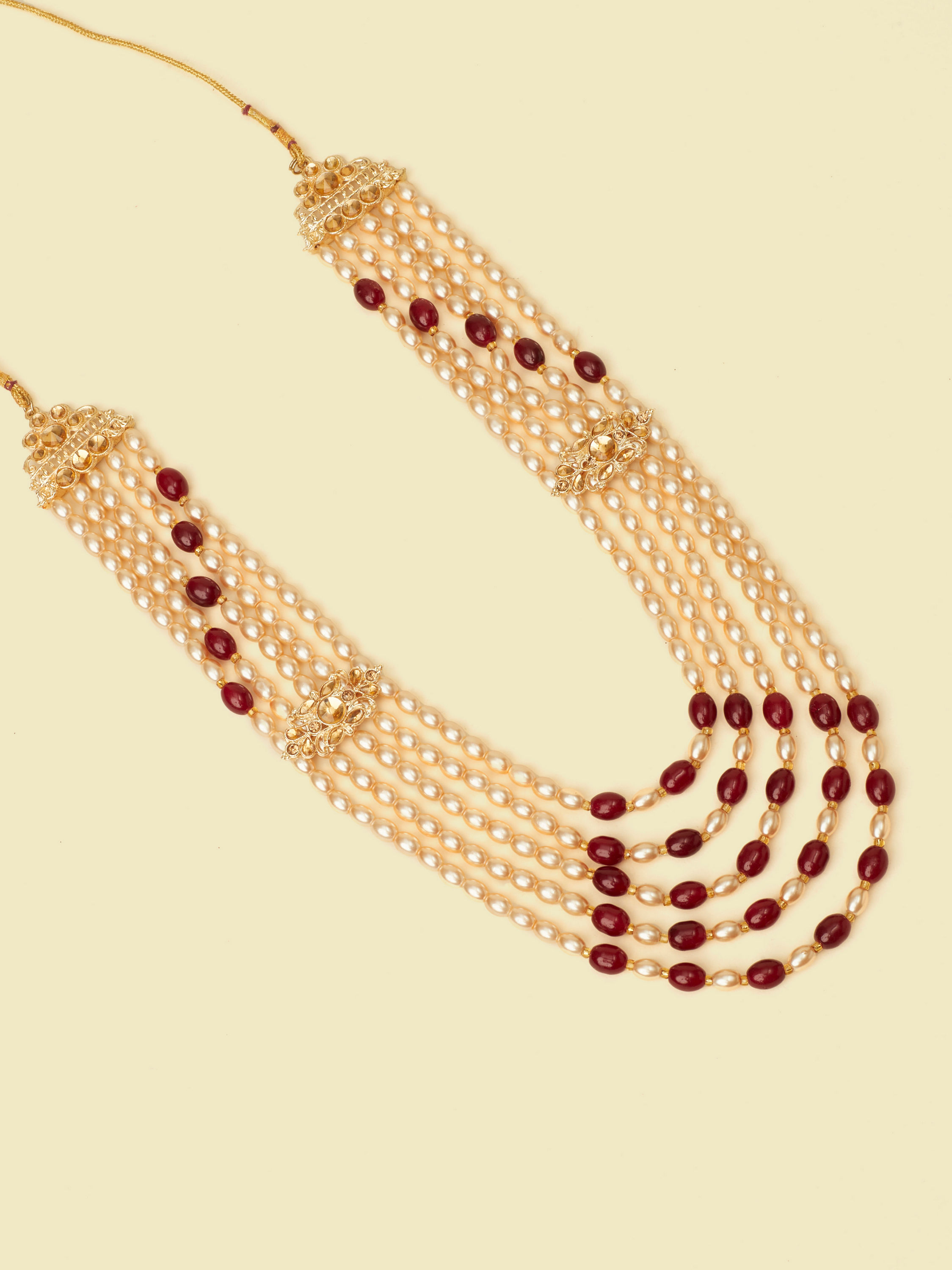 Manyavar Men Pearl and Red Polki Pendant Layered Mala