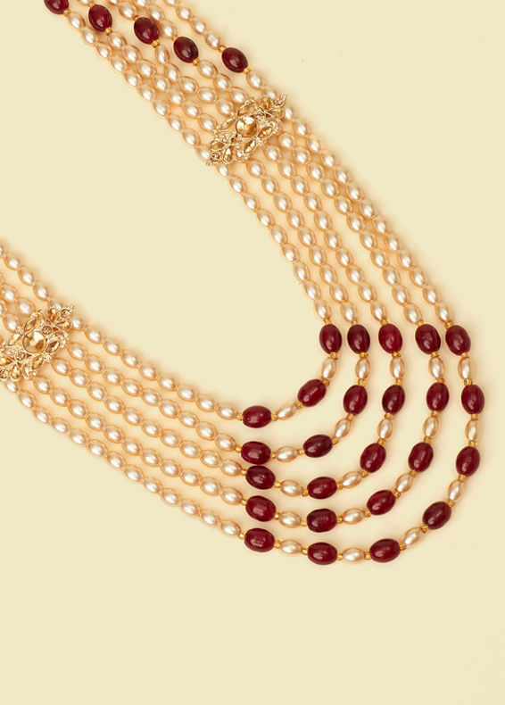 Manyavar Men Pearl and Red Polki Pendant Layered Mala