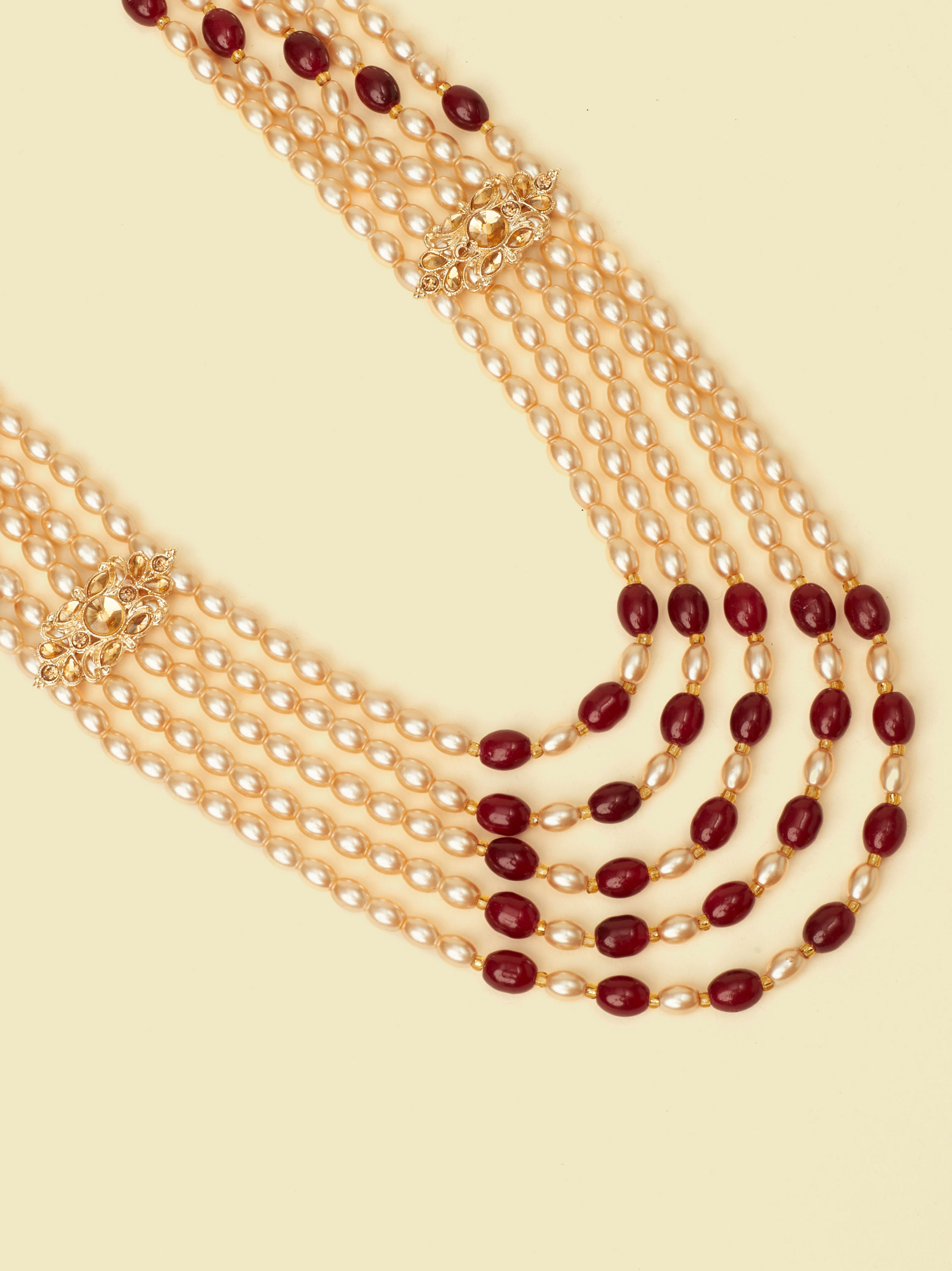 Manyavar Men Pearl and Red Polki Pendant Layered Mala