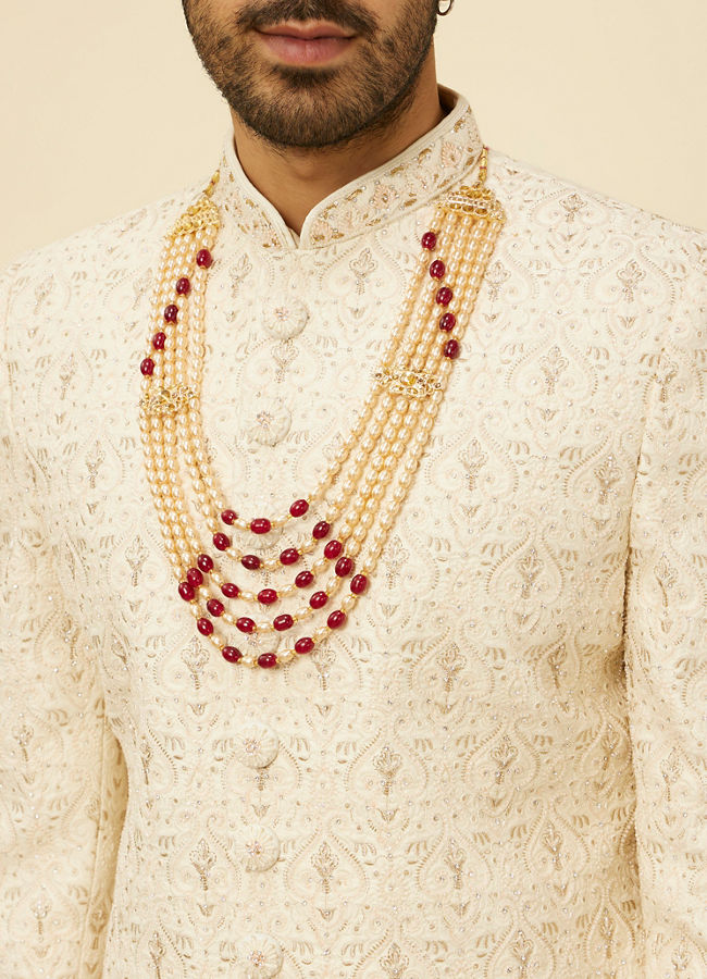 alt message - Manyavar Men Pearl and Red Polki Pendant Layered Mala image number 2