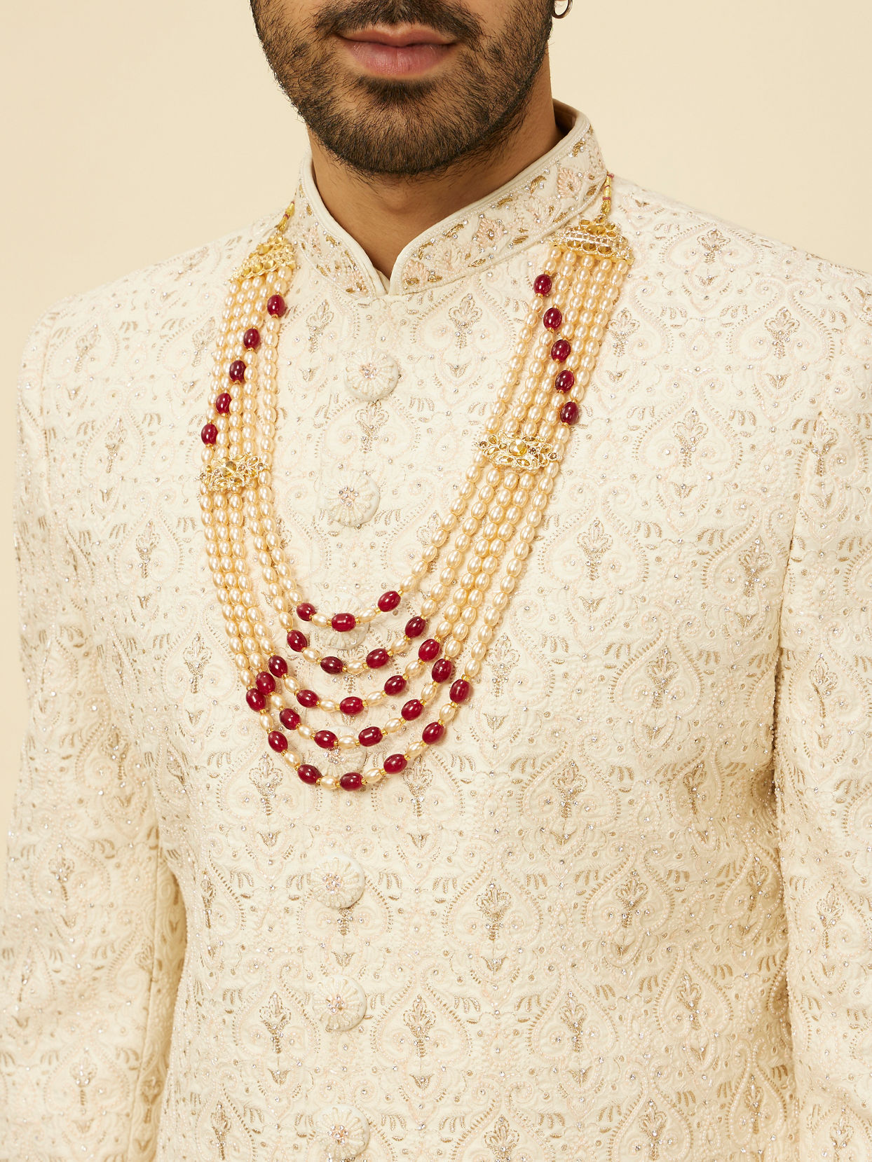 Manyavar Men Pearl and Red Polki Pendant Layered Mala