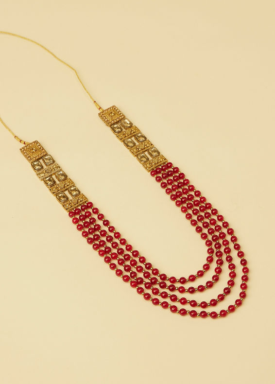 Manyavar Men Red Stone Layered Mala with Stone Embellishments