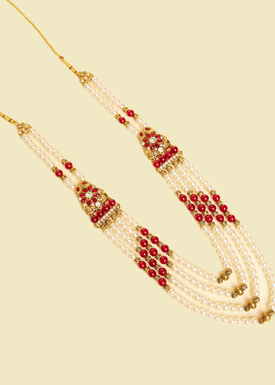 alt message - Manyavar Men Pearl and Maroon Stone Brooch Mala