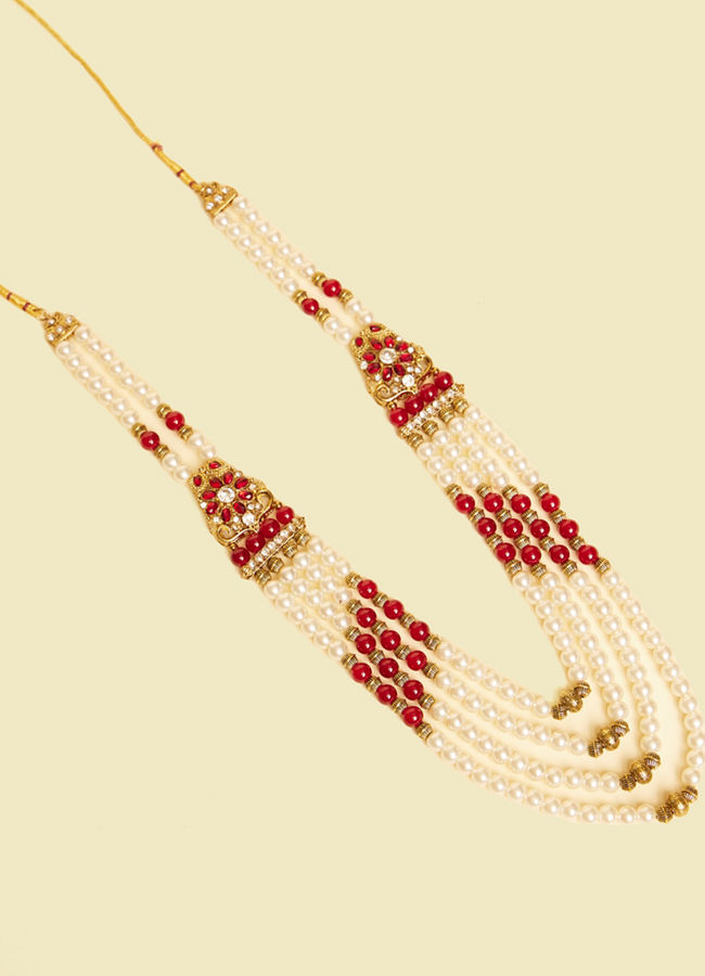 Manyavar Men Pearl and Maroon Stone Brooch Mala