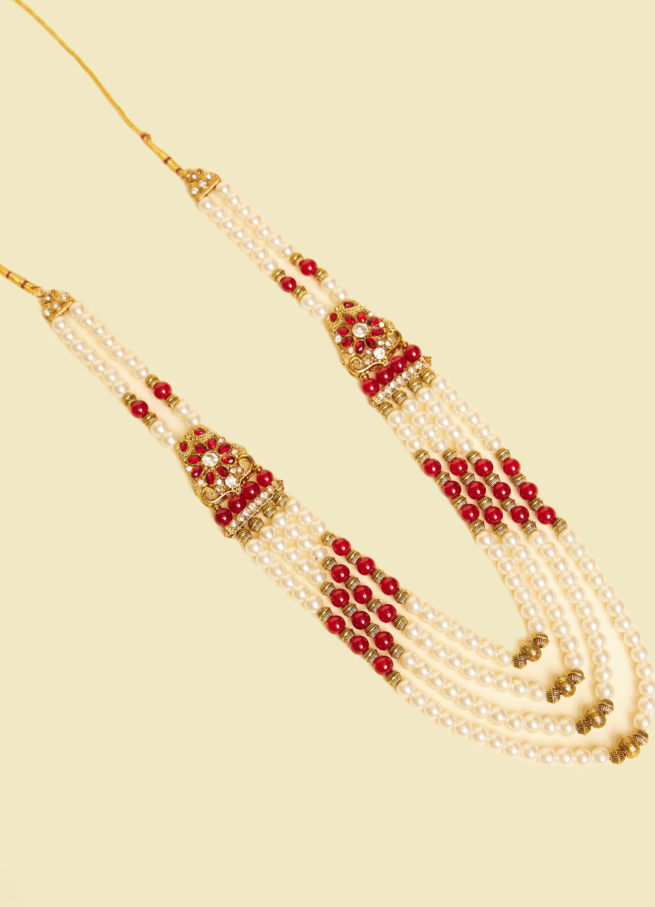 Manyavar Men Pearl and Maroon Stone Brooch Mala