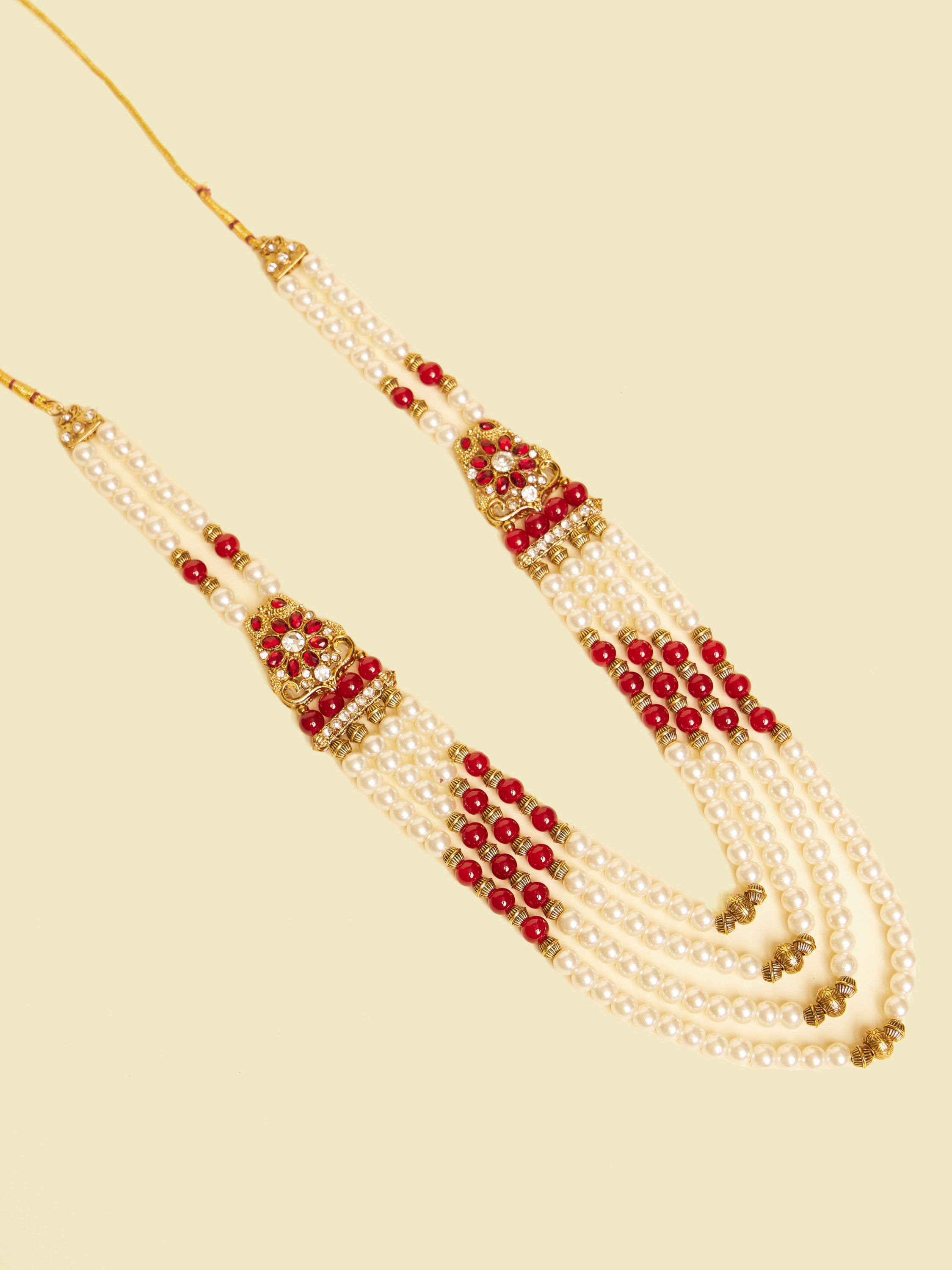 Manyavar Men Pearl and Maroon Stone Brooch Mala