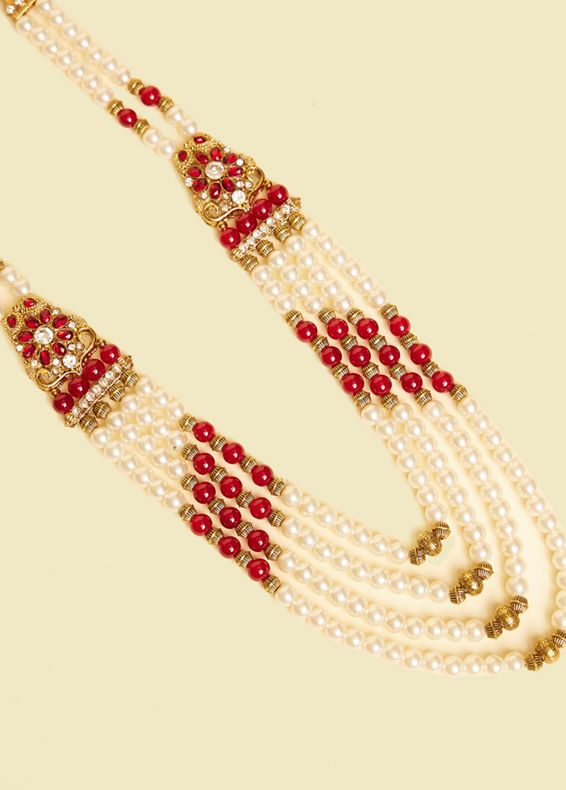 Manyavar Men Pearl and Maroon Stone Brooch Mala