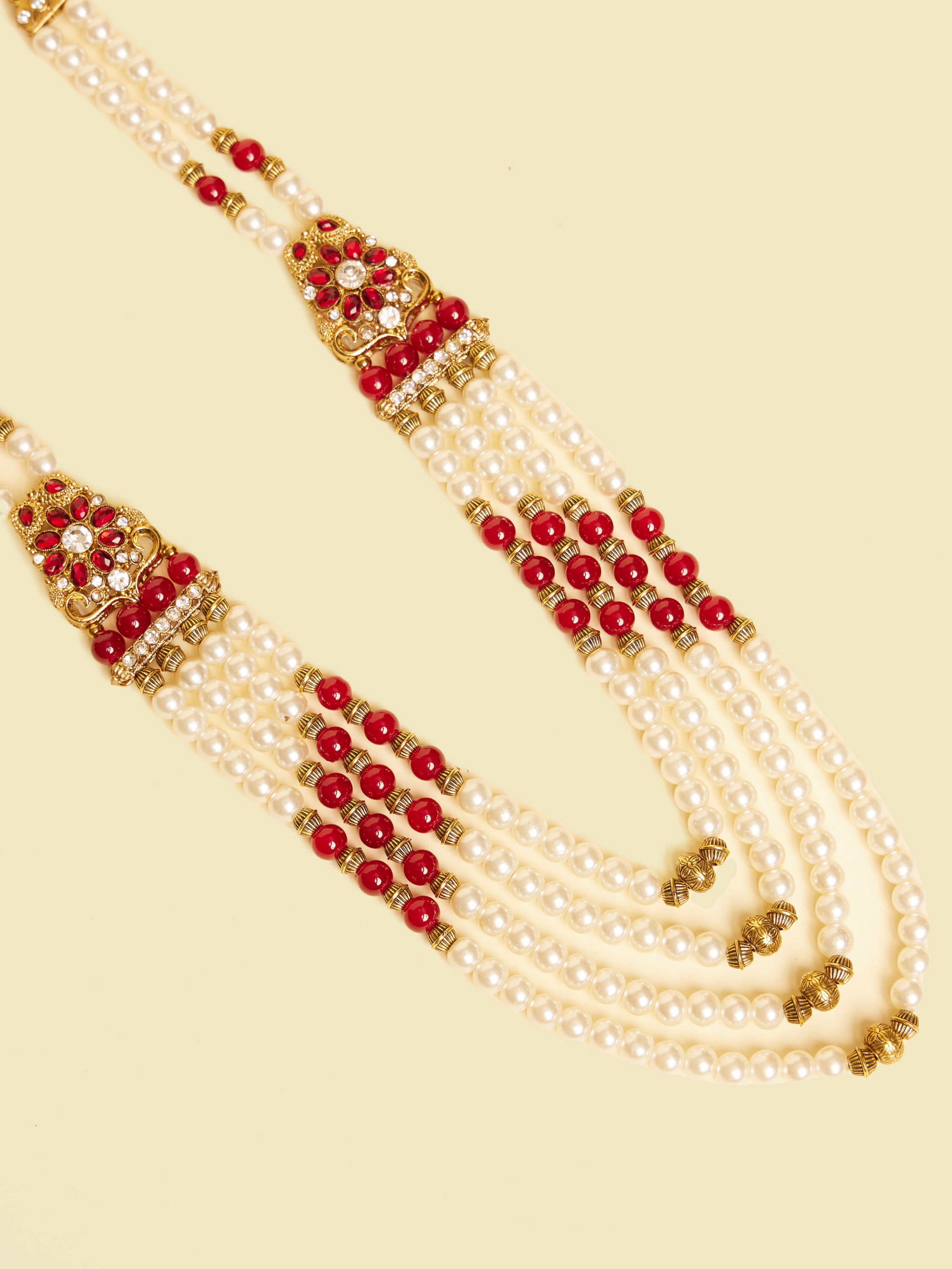 Manyavar Men Pearl and Maroon Stone Brooch Mala