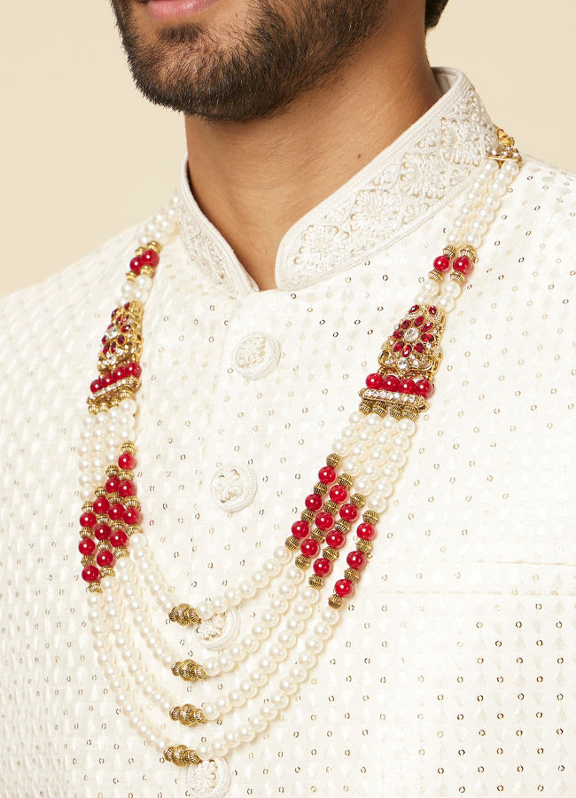 Manyavar Men Pearl and Maroon Stone Brooch Mala