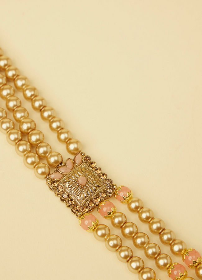 Manyavar Men Pearl and Pink Stone Layered Mala