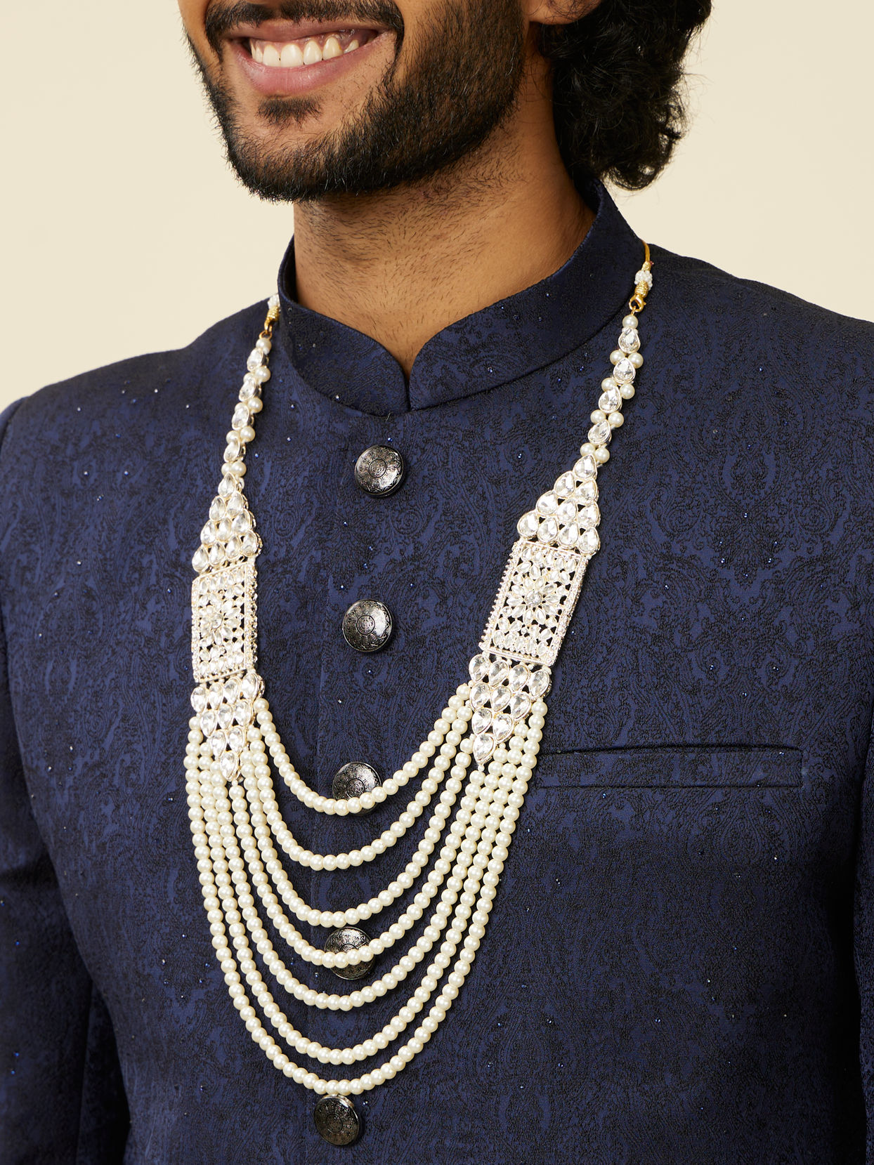 alt message - Manyavar Men Cream and Polki Pendant Mala image number 2