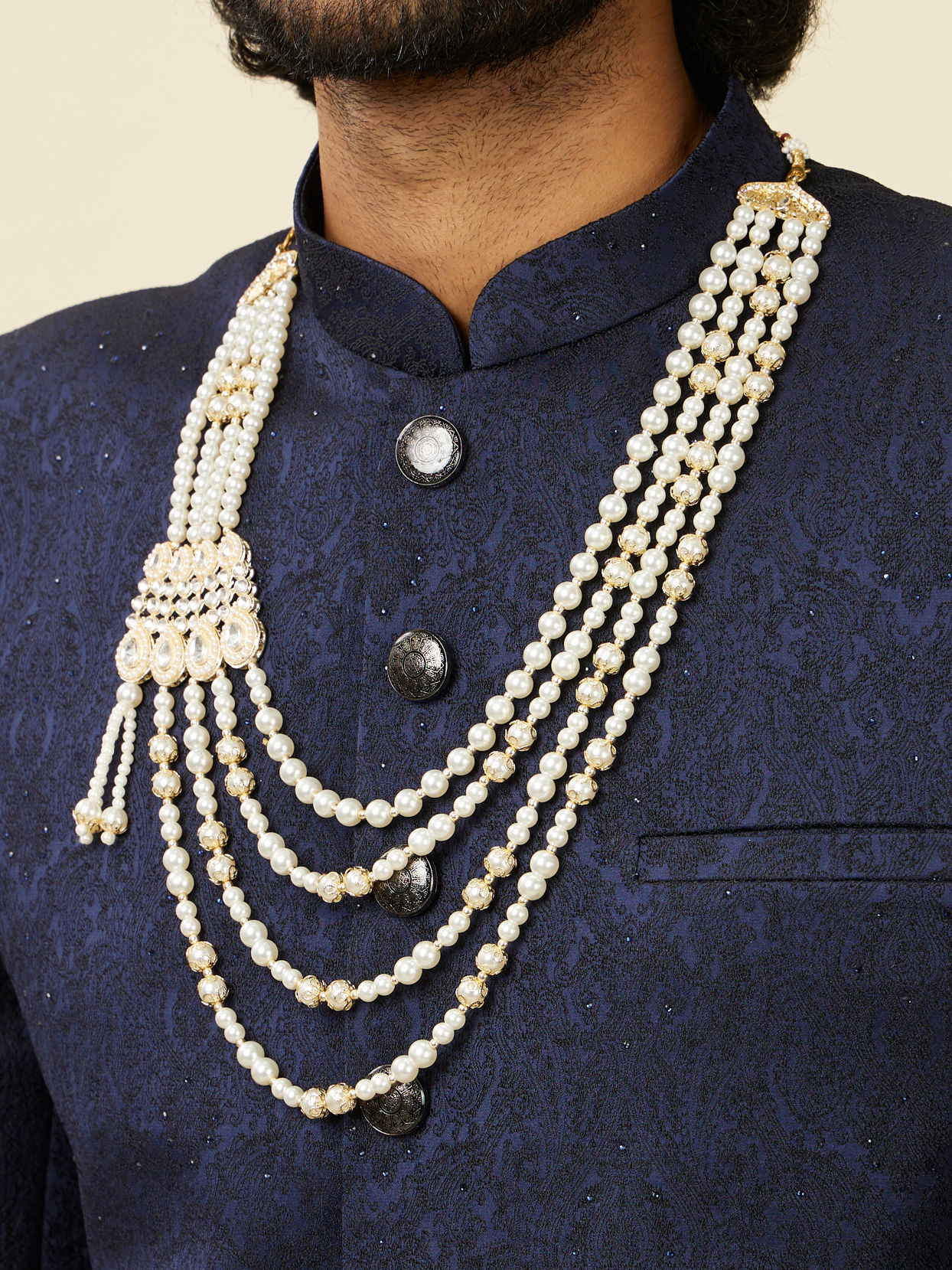 alt message - Manyavar Men Cream and Polki Ornate Mala image number 2