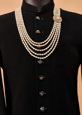Manyavar Men Cream Mala with Pearl Detailing