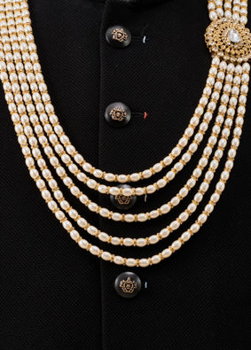 Manyavar Men Cream Mala with Pearl Detailing