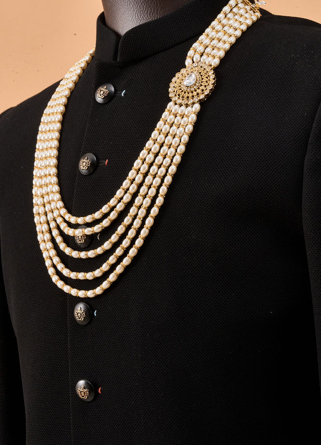 Manyavar Men Cream Mala with Pearl Detailing