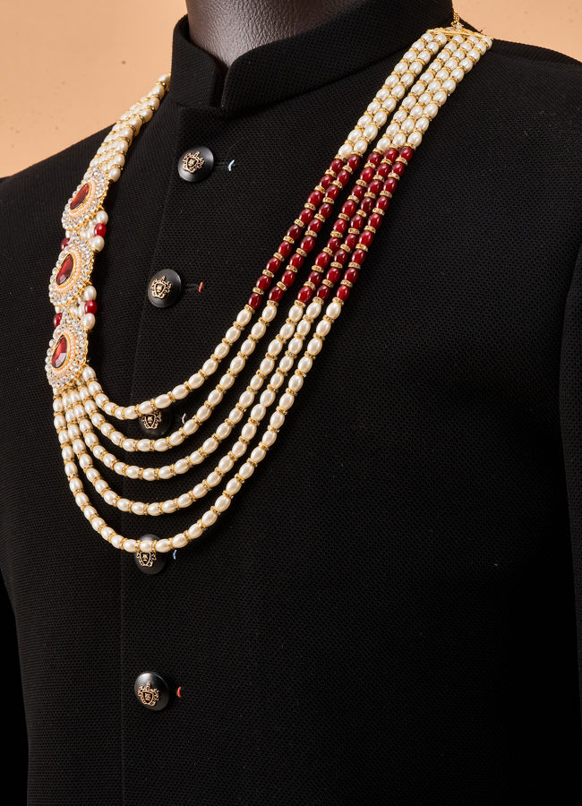 Manyavar Men Maroon Mala with Pearl Beading and Embellishments