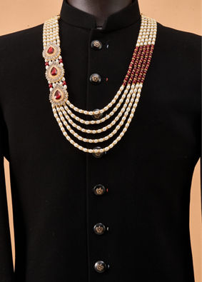 Manyavar Men Maroon Mala with Pearl Beading and Embellishments
