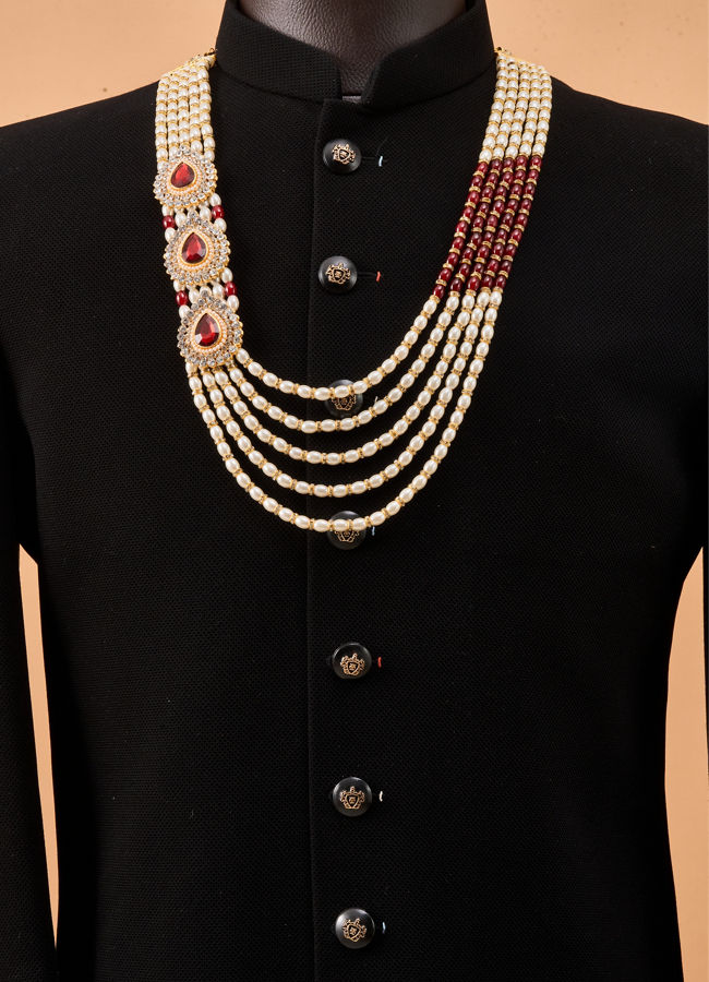 Manyavar Men Maroon Mala with Pearl Beading and Embellishments