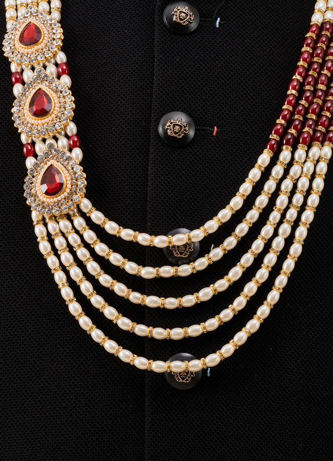 Manyavar Men Maroon Mala with Pearl Beading and Embellishments