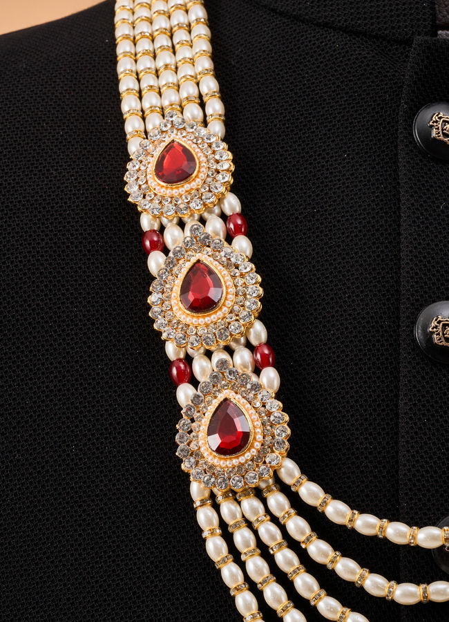 Manyavar Men Maroon Mala with Pearl Beading and Embellishments