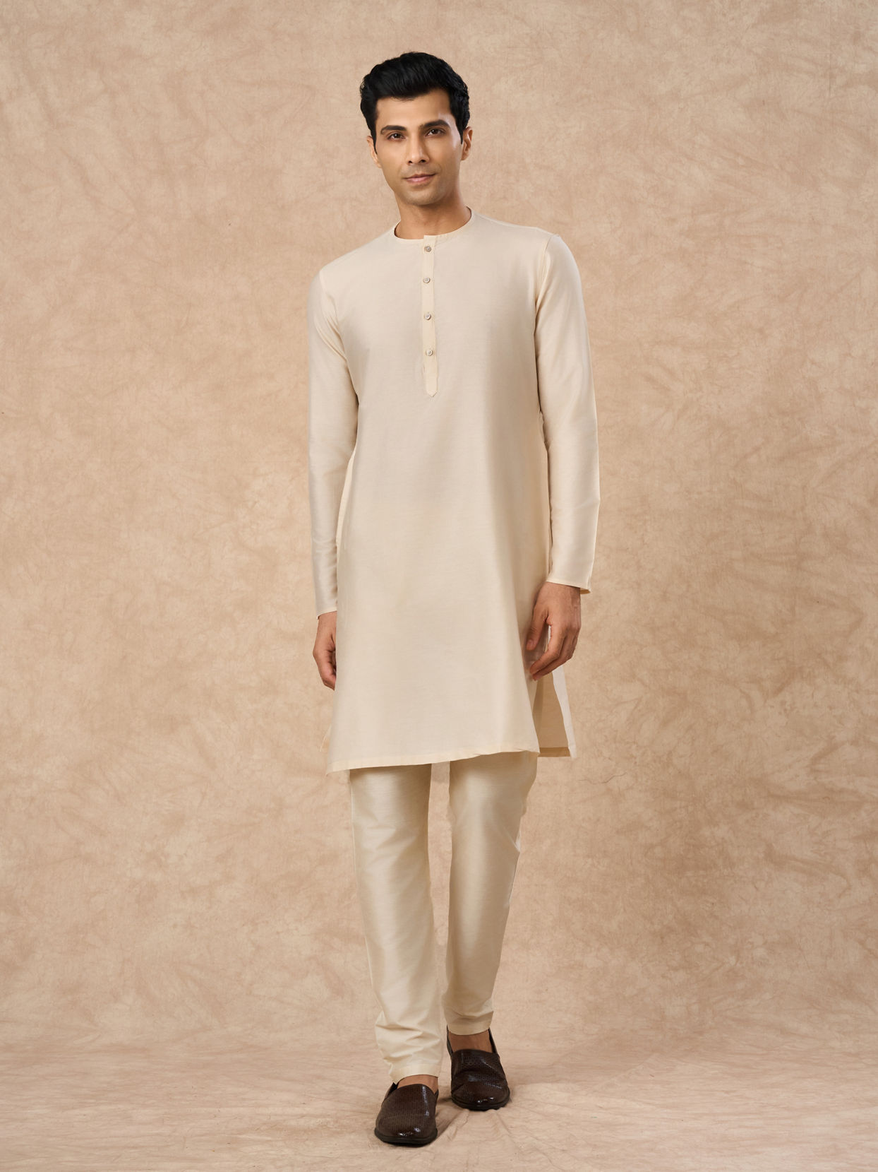 Manyavar Men Champagne Blended Viscose Kurta