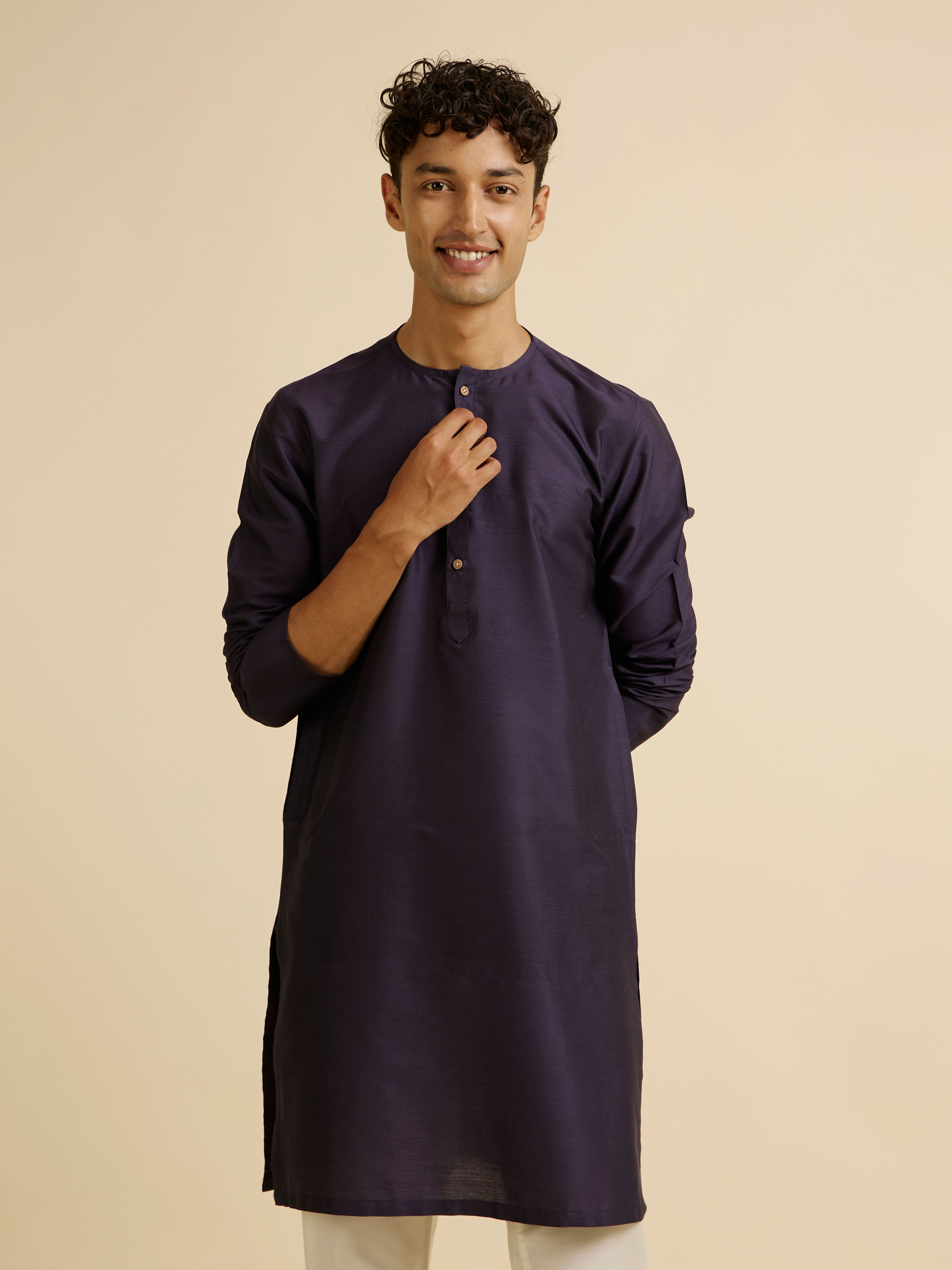 Manyavar Men Dark Blue Classic Plain Inside Kurta