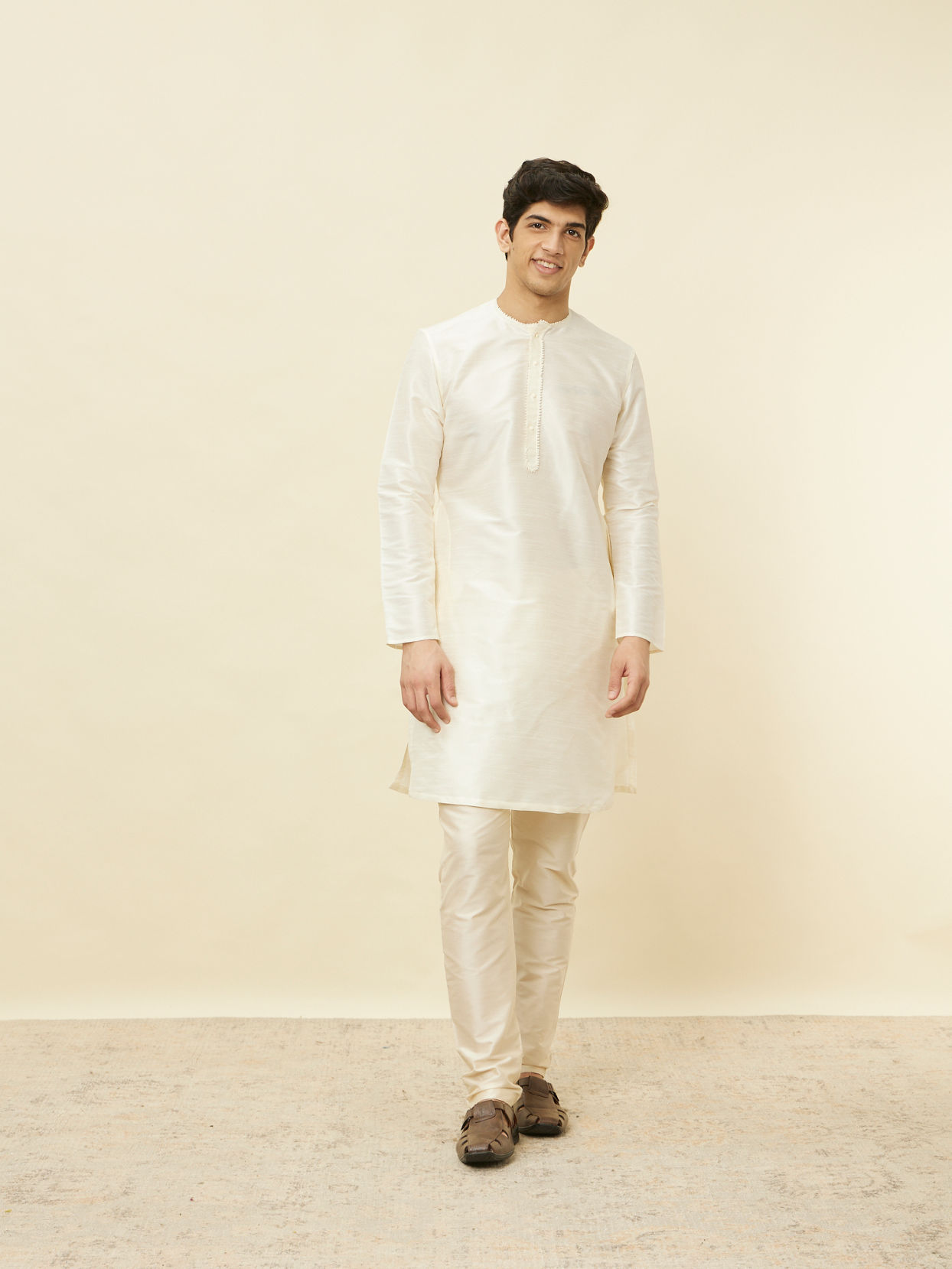 Manyavar Men Warm White Embroidered Bandhgala Kurta