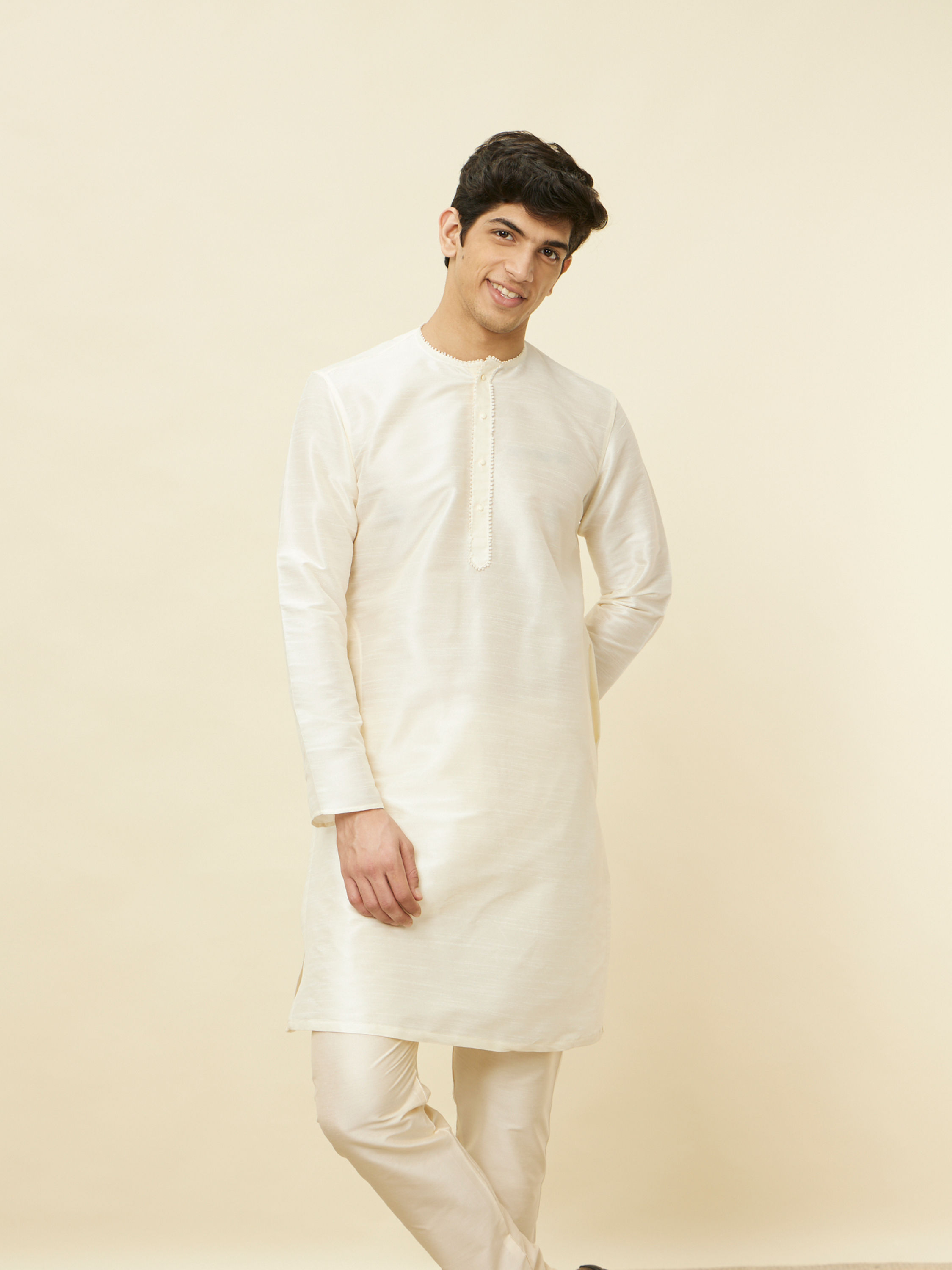 Manyavar Men Warm White Embroidered Bandhgala Kurta