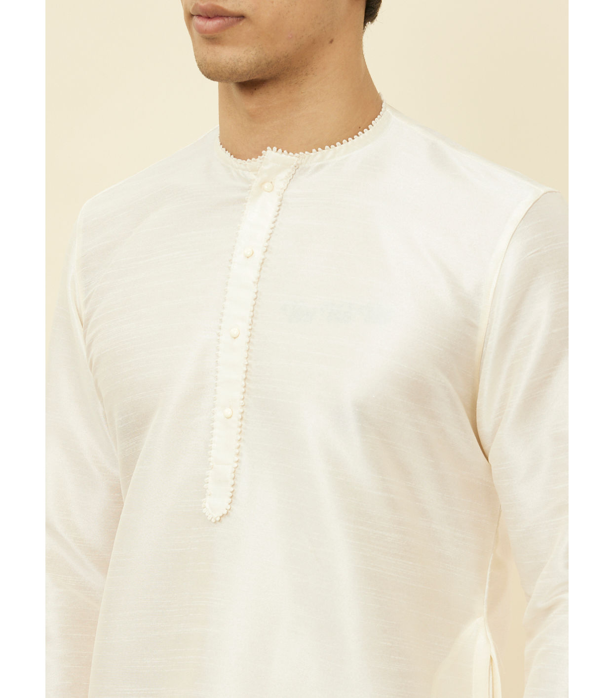 alt message - Manyavar Men Warm White Embroidered Bandhgala Kurta image number 1