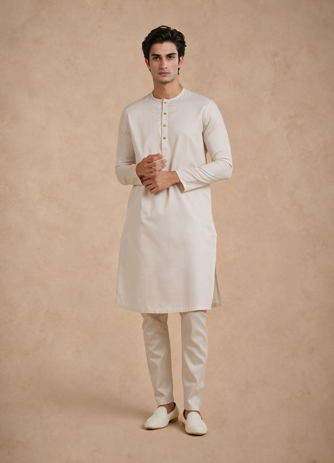 Manyavar Men Cream Solid Basic Inside Kurta