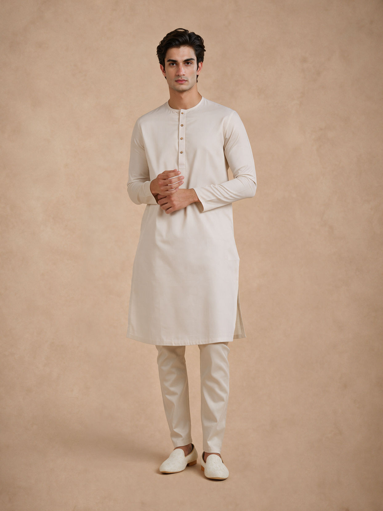 Manyavar Men Cream Solid Basic Inside Kurta