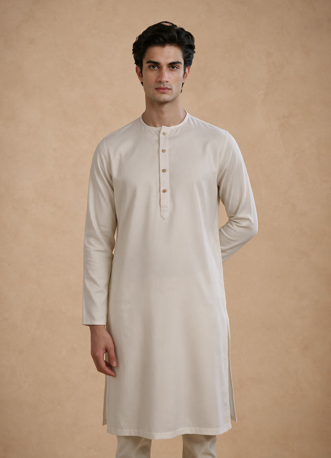 Manyavar Men Cream Solid Basic Inside Kurta