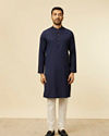 alt message - Manyavar Men Blue Jacquard Plain Design Kurta image number 2